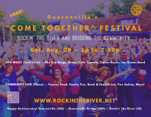 Guerneville’s “Come Together” Festival – Rockin' the River and Bridging the Community – Saturday, August 20th Guerneville’s “Come Together” Festival – Rockin' the River and Bridging the Community – Saturday, Au